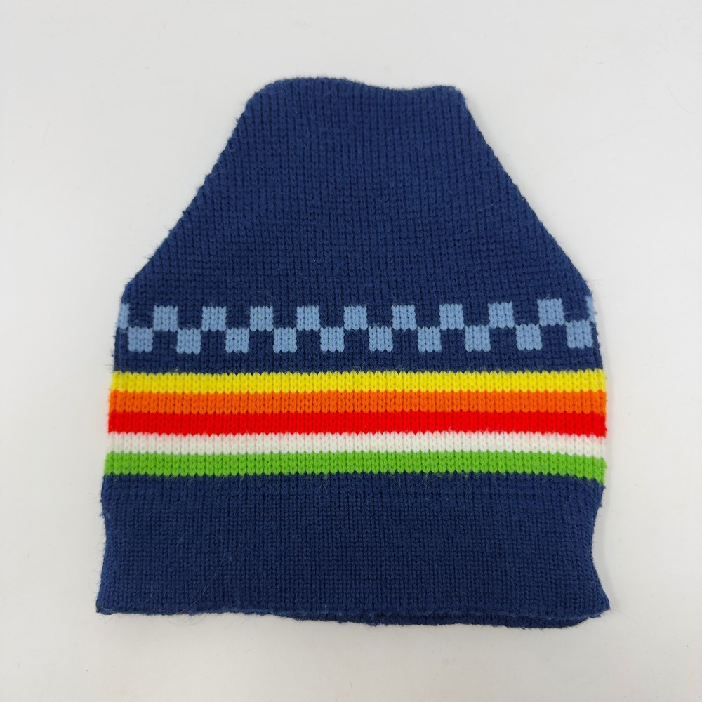 Vintage Wigwam Mills Acrylic Beanie Hat Rainbow Stripe Knit Blue Made in USA